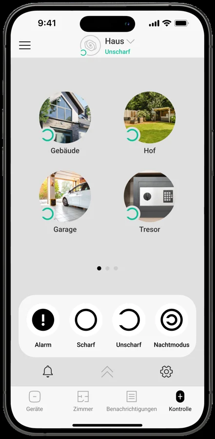Ajax App Startbildschirm für ein Haus mit den Bereichen Gebäude, Hof, Garage und Tresor
